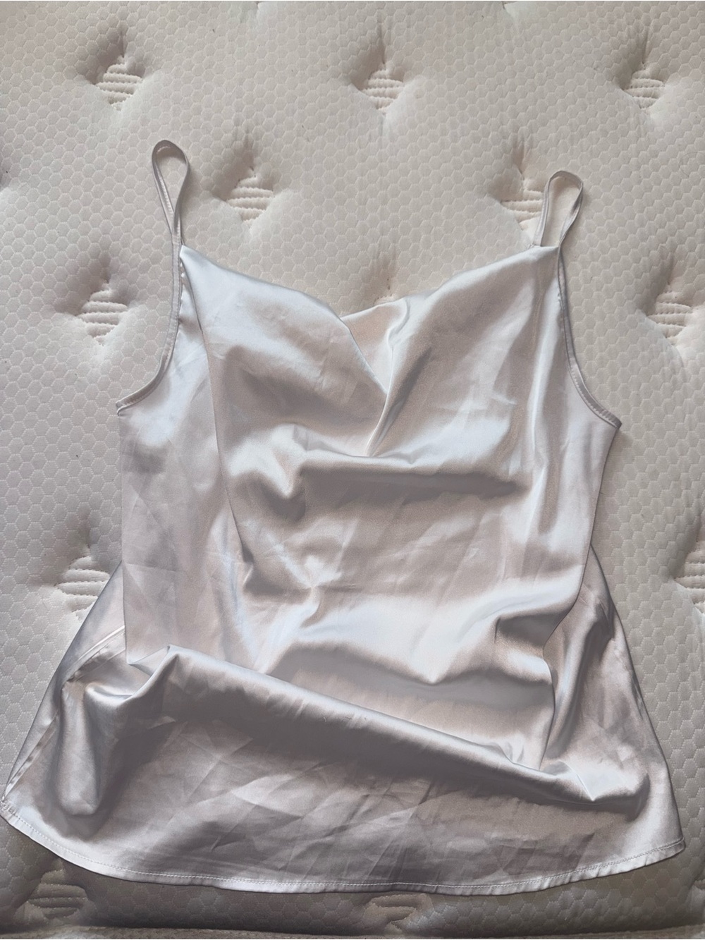 156.Satin Cowl Neck Spaghetti Strap Tank Top - White